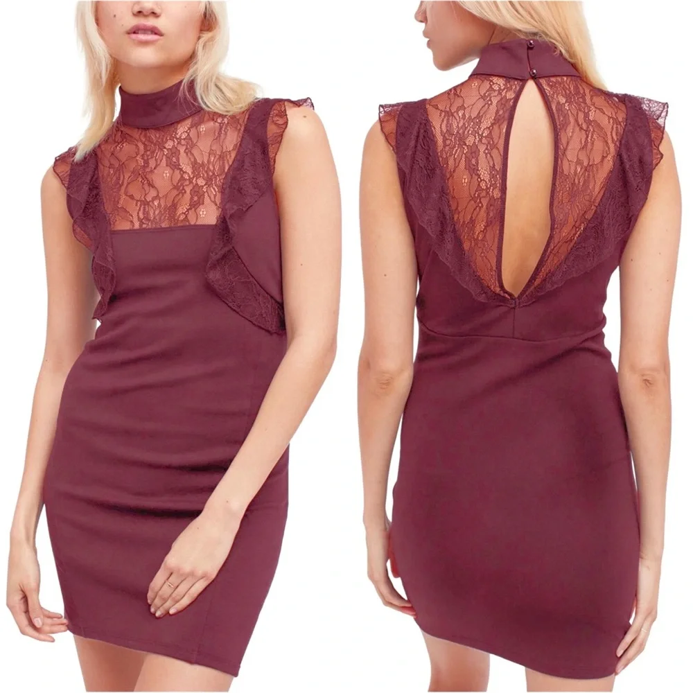 Free People Plum Beaumont Muse‎ Bodycon Dress S Lace Mock Neck Sleeveless Boho